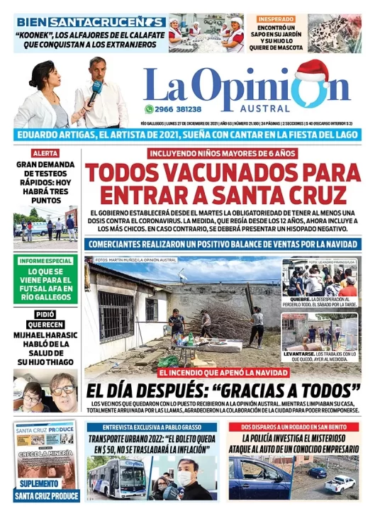 Diario La Opinión Austral tapa edición impresa del 27 de diciembre de 2021 Río Gallegos, Santa Cruz, Argentina