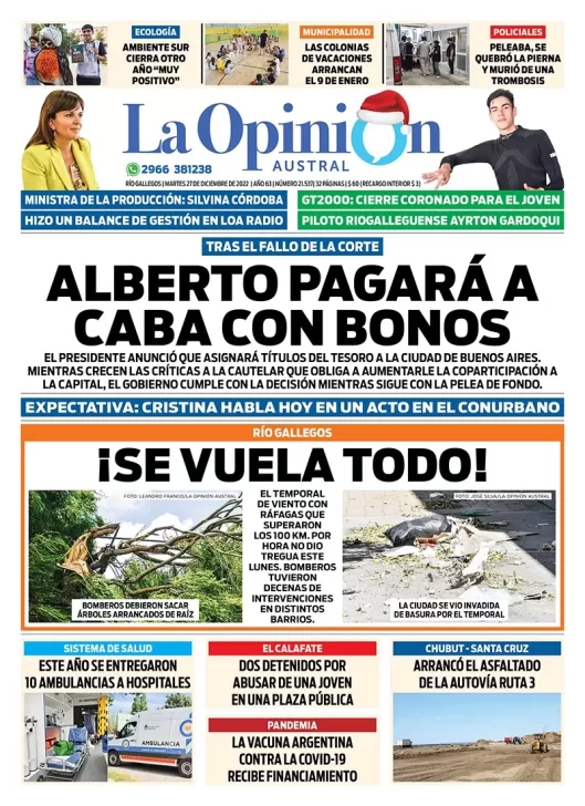 Diario La Opinión Austral tapa edición impresa del martes 27 de diciembre de 2022 Río Gallegos, Santa Cruz, Argentina