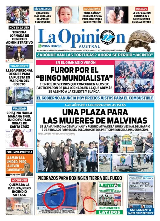 Diario La Opinión Austral tapa edición impresa del lunes 28 de noviembre de 2022 Río Gallegos, Santa Cruz, Argentina