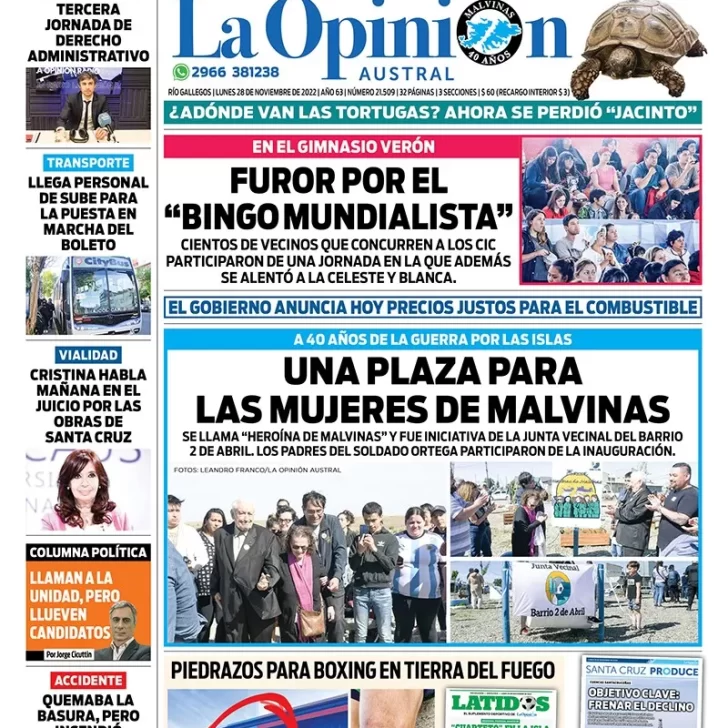 Diario La Opinión Austral tapa edición impresa del lunes 28 de noviembre de 2022 Río Gallegos, Santa Cruz, Argentina