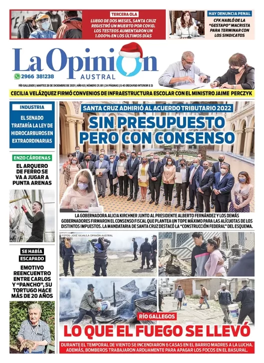 Diario La Opinión Austral tapa edición impresa del 28 de diciembre de 2021 Río Gallegos, Santa Cruz, Argentina