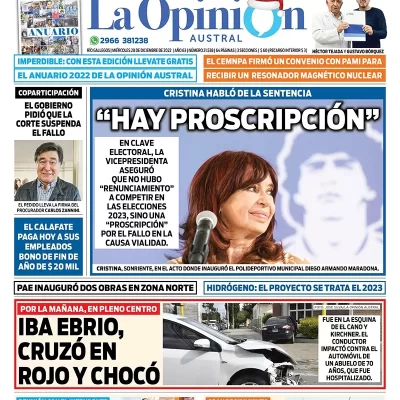 Diario La Opinión Austral tapa edición impresa del miércoles 28 de diciembre de 2022 Río Gallegos, Santa Cruz, Argentina