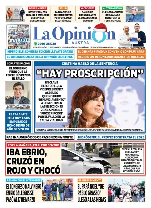 Diario La Opinión Austral tapa edición impresa del miércoles 28 de diciembre de 2022 Río Gallegos, Santa Cruz, Argentina