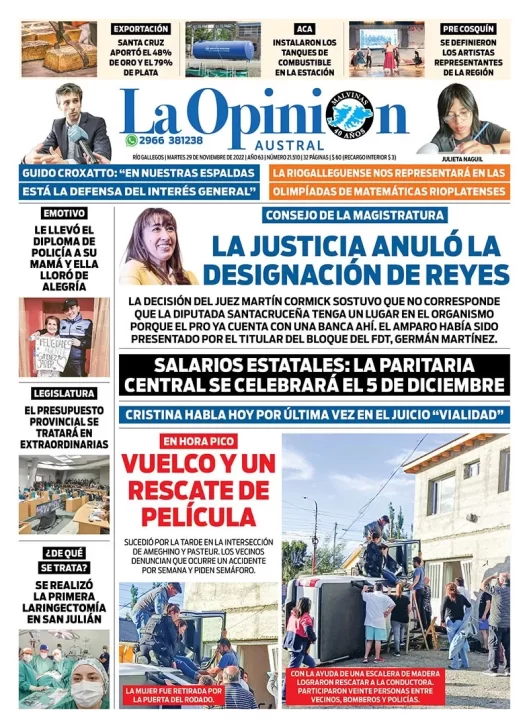 Diario La Opinión Austral tapa edición impresa del martes 29 de noviembre de 2022 Río Gallegos, Santa Cruz, Argentina