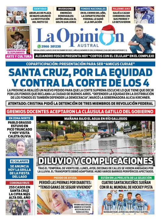Diario La Opinión Austral tapa edición impresa del jueves 29 de diciembre de 2022 Río Gallegos, Santa Cruz, Argentina