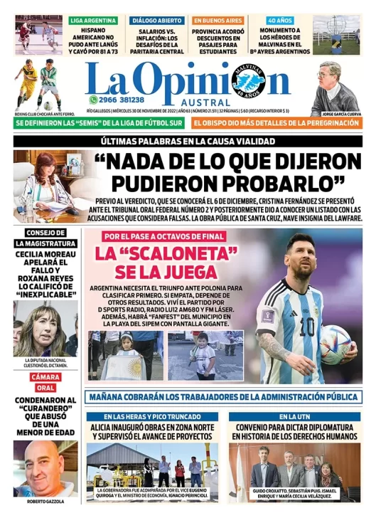 Diario La Opinión Austral tapa edición impresa del miércoles 30 de noviembre de 2022 Río Gallegos, Santa Cruz, Argentina