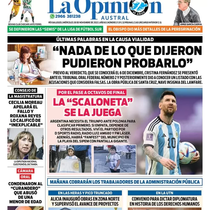 Diario La Opinión Austral tapa edición impresa del miércoles 30 de noviembre de 2022 Río Gallegos, Santa Cruz, Argentina