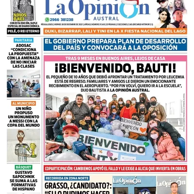 Diario La Opinión Austral tapa edición impresa del viernes 30 de diciembre de 2022 Río Gallegos, Santa Cruz, Argentina