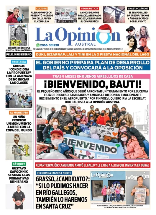Diario La Opinión Austral tapa edición impresa del viernes 30 de diciembre de 2022 Río Gallegos, Santa Cruz, Argentina