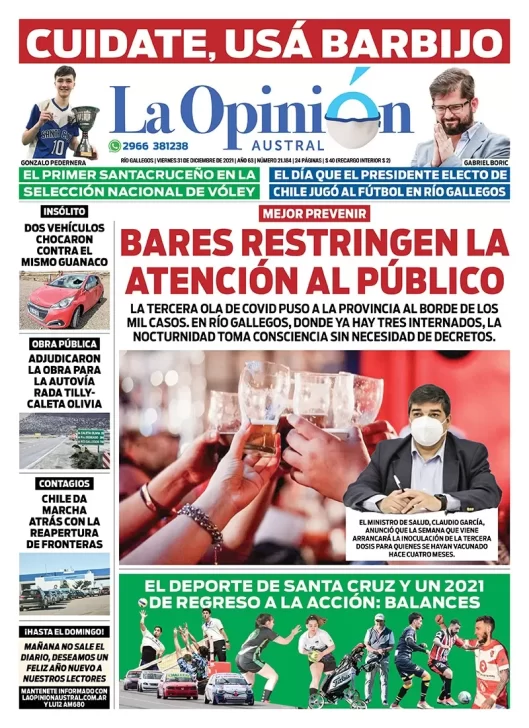Diario La Opinión Austral tapa edición impresa del 31 de diciembre de 2021 Río Gallegos, Santa Cruz, Argentina
