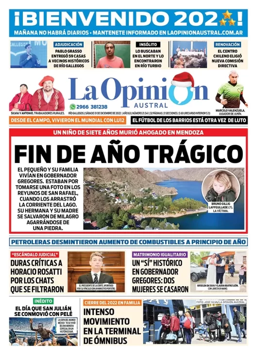 Diario La Opinión Austral tapa edición impresa del sábado 31 de diciembre de 2022 Río Gallegos, Santa Cruz, Argentina