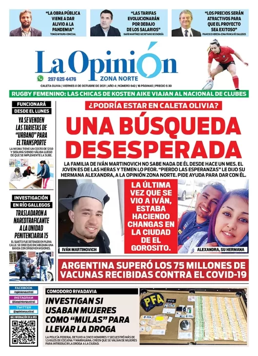 Diario La Opinión Zona Norte tapa edición impresa del 8 de octubre de 2021, Caleta Olivia, Santa Cruz, Argentina