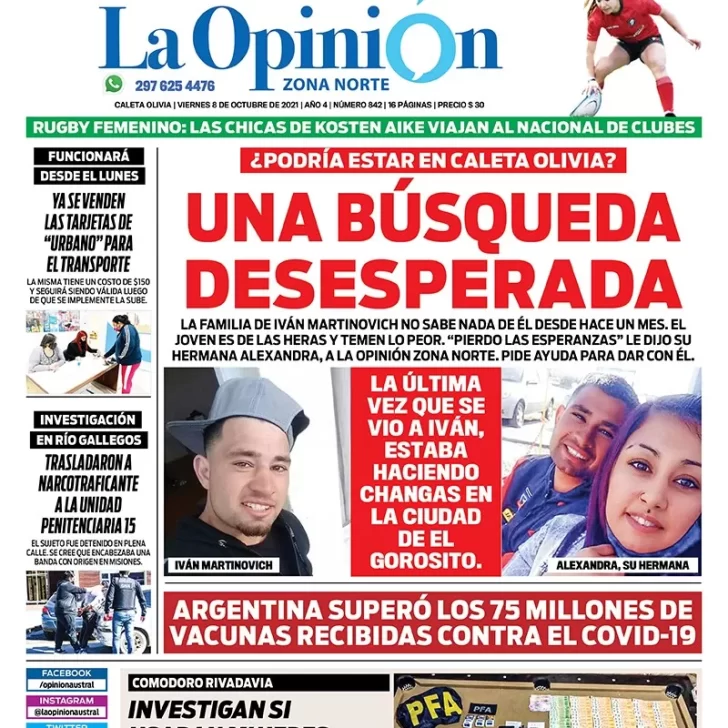Diario La Opinión Zona Norte tapa edición impresa del 8 de octubre de 2021, Caleta Olivia, Santa Cruz, Argentina