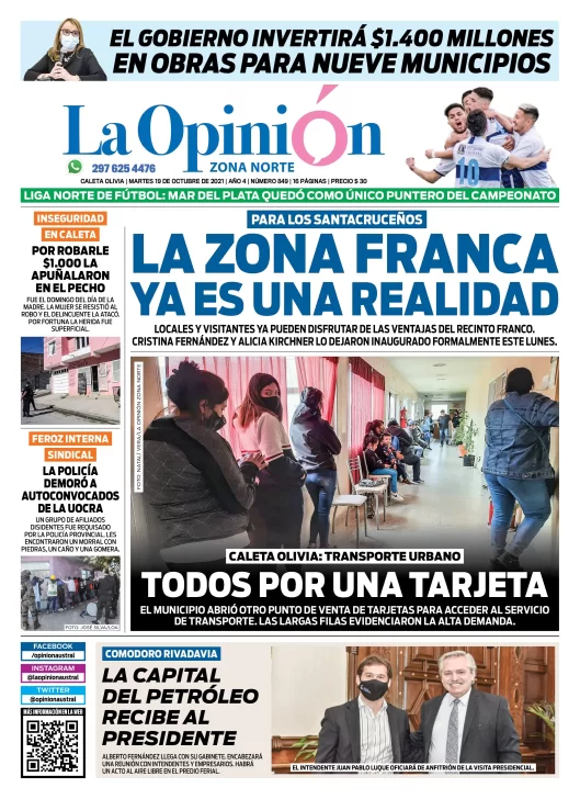 Diario La Opinión Zona Norte tapa edición impresa del 19 de octubre de 2021, Caleta Olivia, Santa Cruz, Argentina