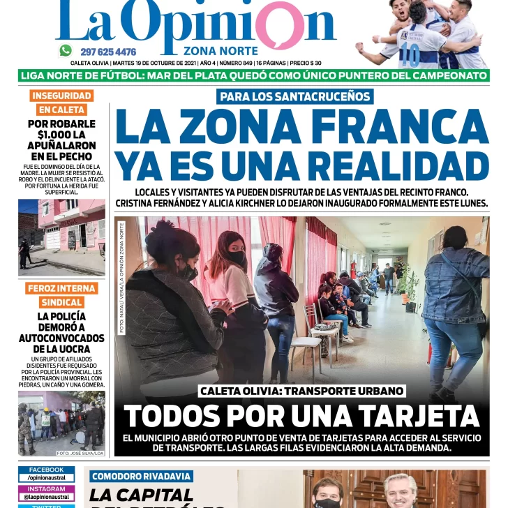 Diario La Opinión Zona Norte tapa edición impresa del 19 de octubre de 2021, Caleta Olivia, Santa Cruz, Argentina