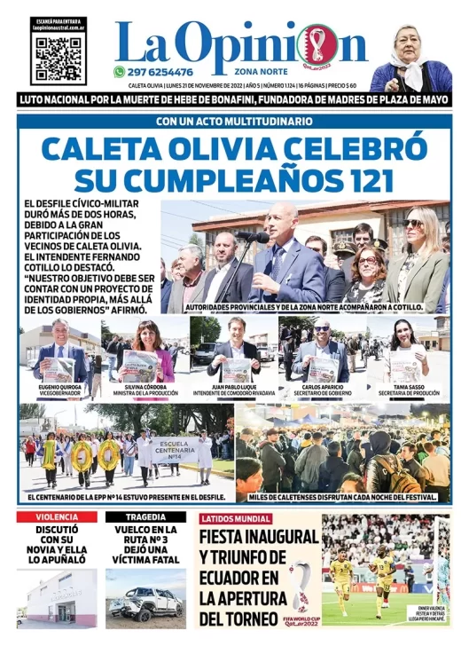 Diario La Opinión Zona Norte tapa edición impresa del lunes 21 de noviembre de 2022 Caleta Olivia, Santa Cruz, Argentina