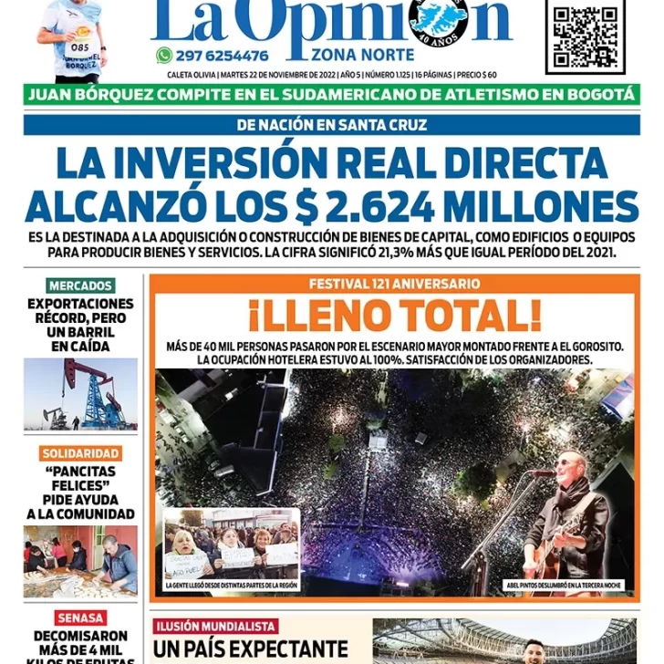 Diario La Opinión Zona Norte tapa edición impresa del martes 22 de noviembre de 2022 Caleta Olivia, Santa Cruz, Argentina