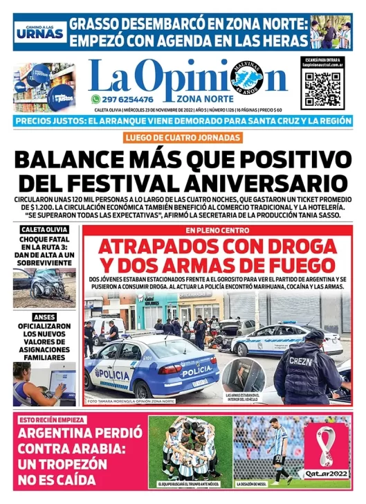 Diario La Opinión Zona Norte tapa edición impresa del miércoles 23 de noviembre de 2022 Caleta Olivia, Santa Cruz, Argentina
