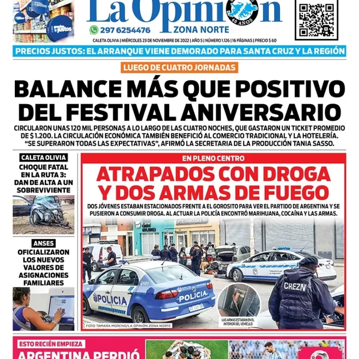 Diario La Opinión Zona Norte tapa edición impresa del miércoles 23 de noviembre de 2022 Caleta Olivia, Santa Cruz, Argentina