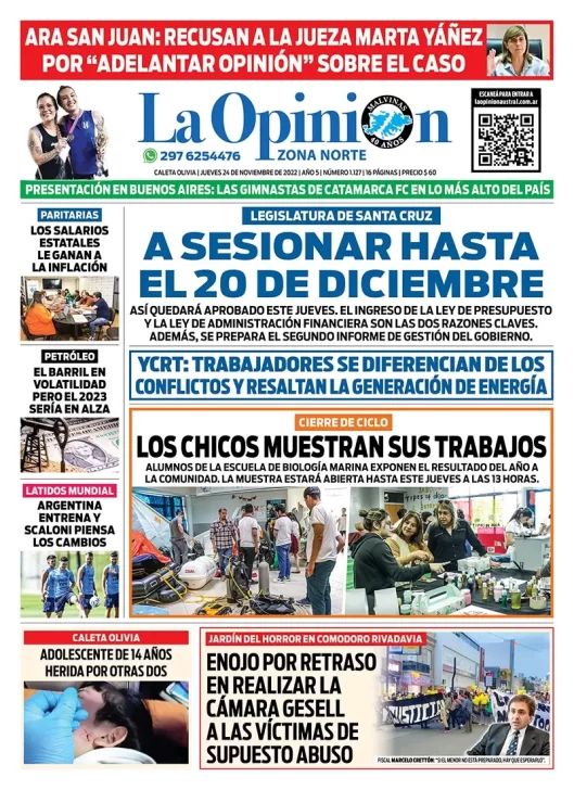 Diario La Opinión Zona Norte tapa edición impresa del jueves 24 de noviembre de 2022 Caleta Olivia, Santa Cruz, Argentina