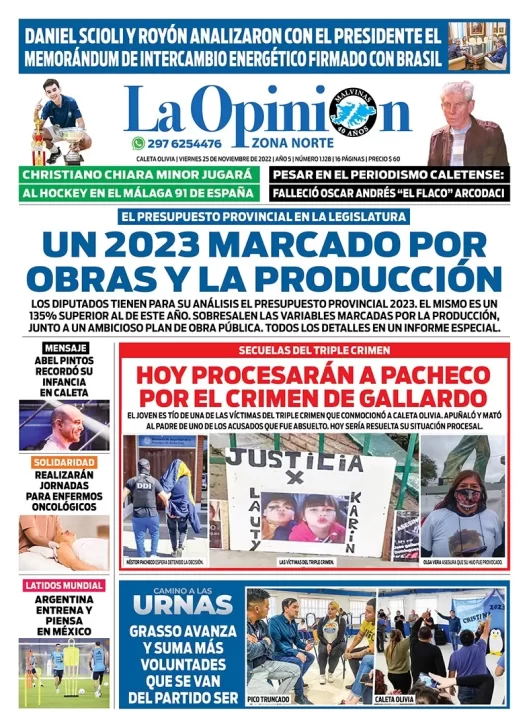 Diario La Opinión Zona Norte tapa edición impresa del viernes 25 de noviembre de 2022 Caleta Olivia, Santa Cruz, Argentina