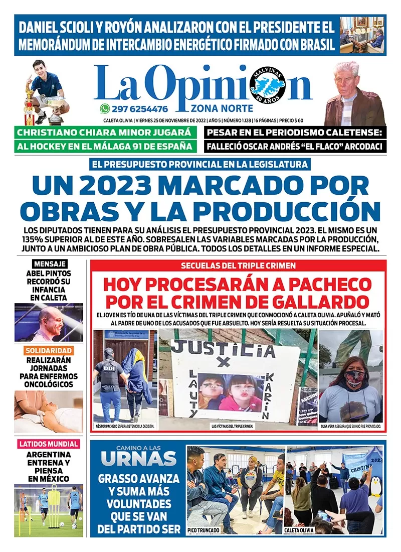 Diario La Opinión Zona Norte tapa edición impresa del viernes 25 de noviembre de 2022 Caleta Olivia, Santa Cruz, Argentina