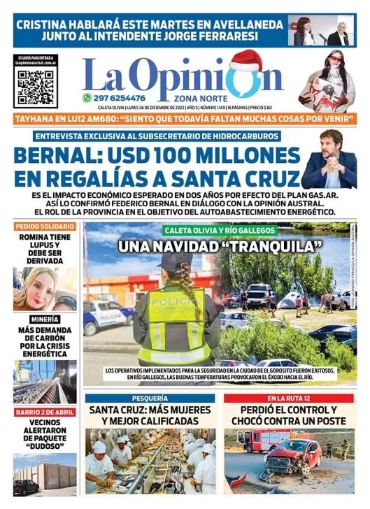 Diario La Opinión Zona Norte tapa edición impresa del lunes 26 de diciembre de 2022 Caleta Olivia, Santa Cruz, Argentina
