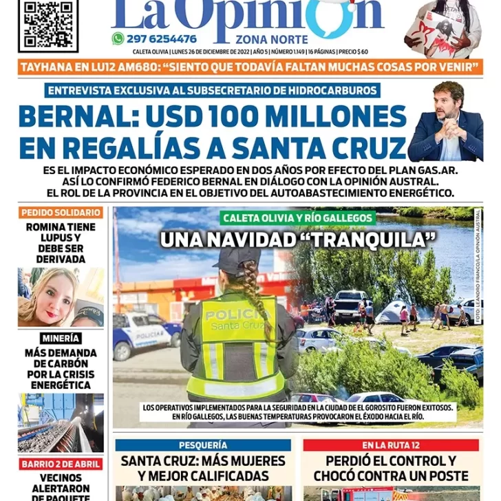 Diario La Opinión Zona Norte tapa edición impresa del lunes 26 de diciembre de 2022 Caleta Olivia, Santa Cruz, Argentina Diario La Opinión Zona Norte tapa edición impresa del lunes 26 de diciembre de 2022 Caleta Olivia, Santa Cruz, Argentina