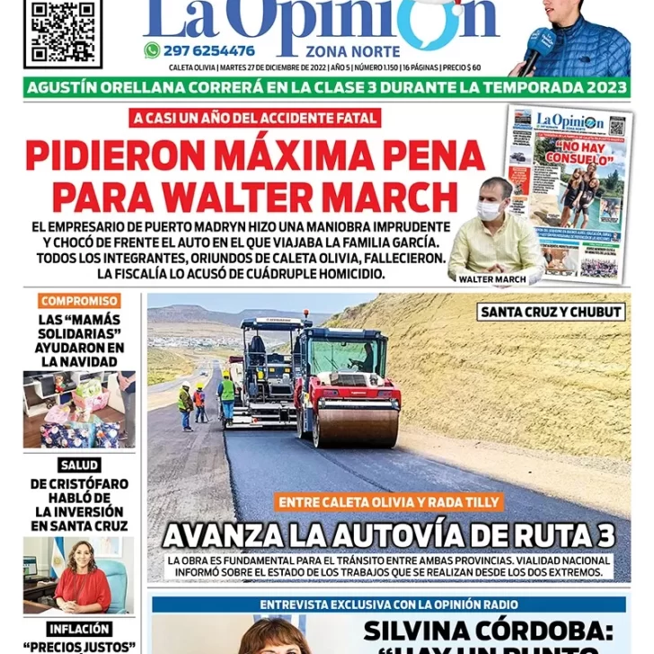 Diario La Opinión Zona Norte tapa edición impresa del martes 27 de diciembre de 2022 Caleta Olivia, Santa Cruz, Argentina