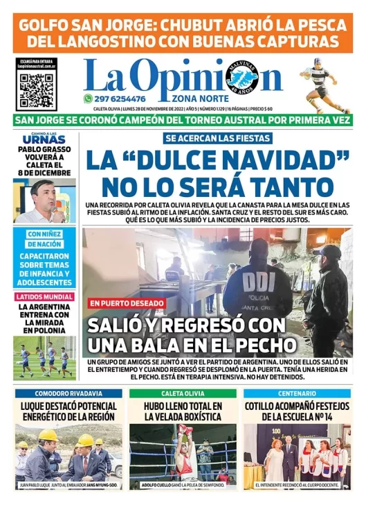 Diario La Opinión Zona Norte tapa edición impresa del lunes 28 de noviembre de 2022 Caleta Olivia, Santa Cruz, Argentina