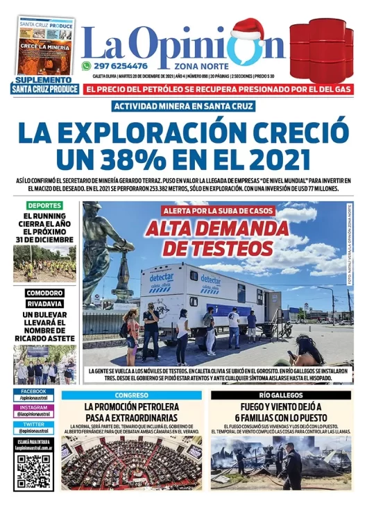 Diario La Opinión Zona Norte tapa edición impresa del 28 de diciembre de 2021, Caleta Olivia, Santa Cruz, Argentina