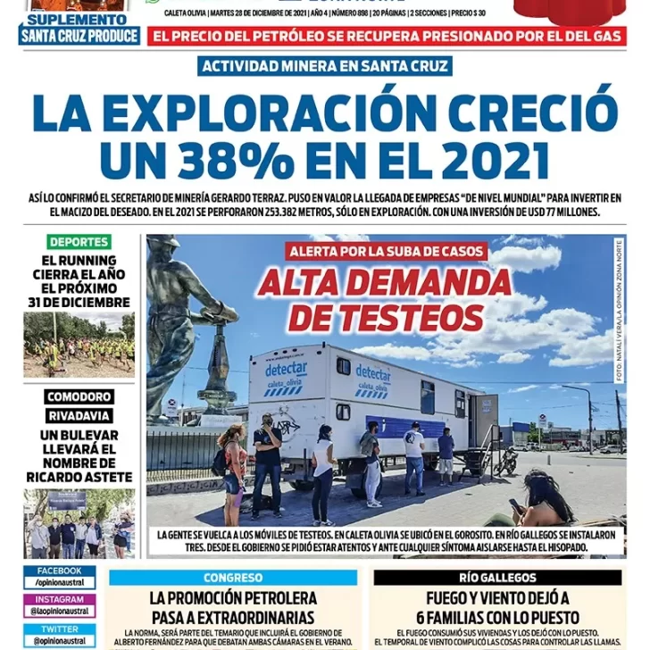 Diario La Opinión Zona Norte tapa edición impresa del 28 de diciembre de 2021, Caleta Olivia, Santa Cruz, Argentina Diario La Opinión Zona Norte tapa edición impresa del 28 de diciembre de 2021, Caleta Olivia, Santa Cruz, Argentina