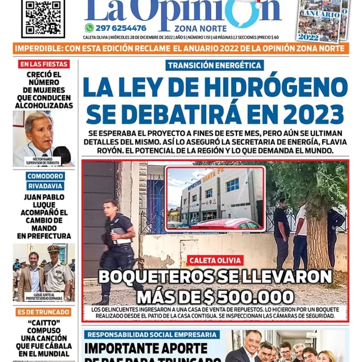 Diario La Opinión Zona Norte tapa edición impresa del miércoles 28 de diciembre de 2022 Caleta Olivia, Santa Cruz, Argentina