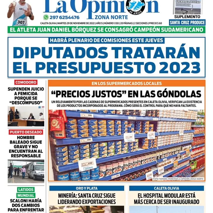 Diario La Opinión Zona Norte tapa edición impresa del martes 29 de noviembre de 2022 Caleta Olivia, Santa Cruz, Argentina