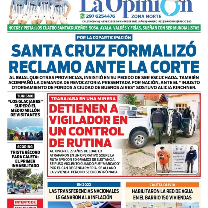 Diario La Opinión Zona Norte tapa edición impresa del jueves 29 de diciembre de 2022 Caleta Olivia, Santa Cruz, Argentina