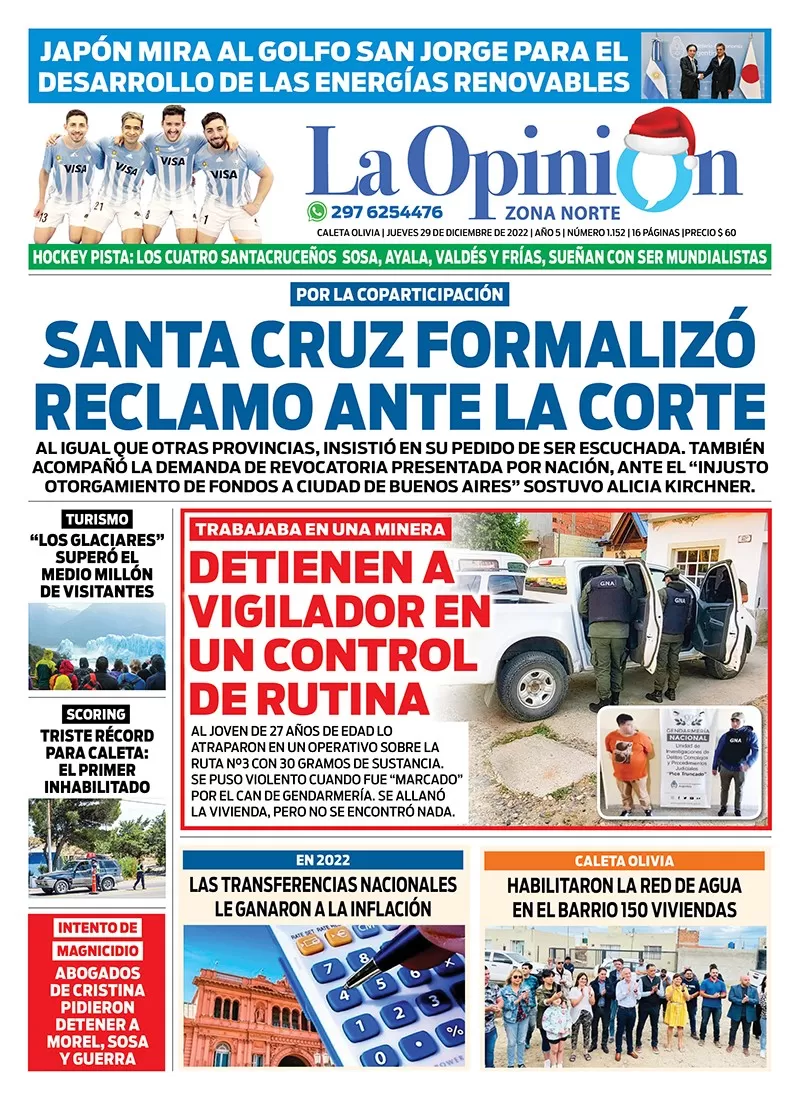 Diario La Opinión Zona Norte tapa edición impresa del jueves 29 de diciembre de 2022 Caleta Olivia, Santa Cruz, Argentina