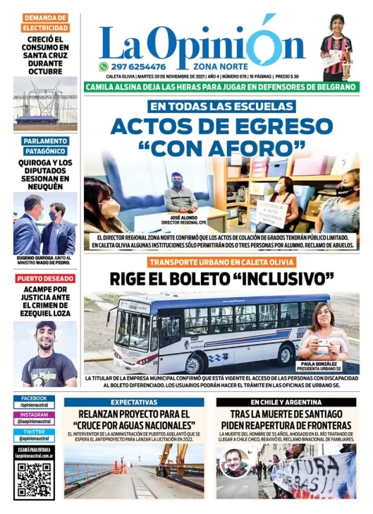 Diario La Opinión Zona Norte Tapa Edición Impresa Del 30 De Noviembre De 2021 Caleta Olivia