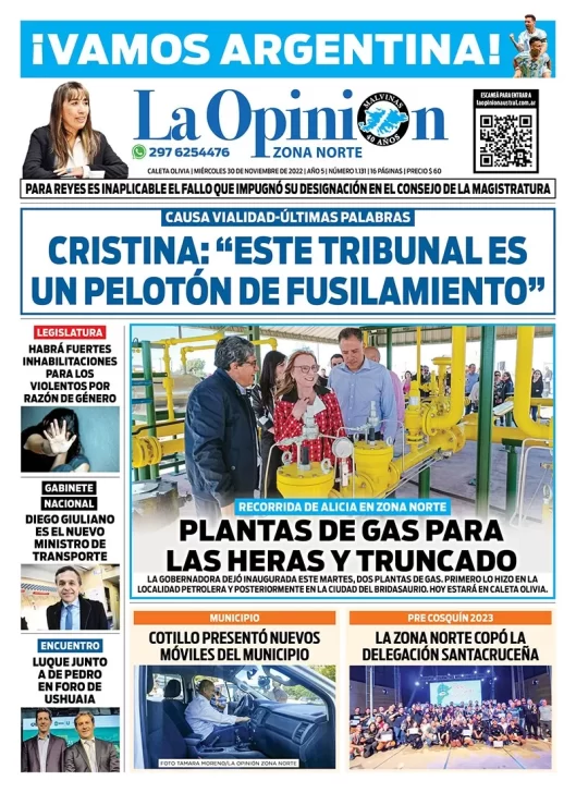 Diario La Opinión Zona Norte tapa edición impresa del miércoles 30 de noviembre de 2022 Caleta Olivia, Santa Cruz, Argentina