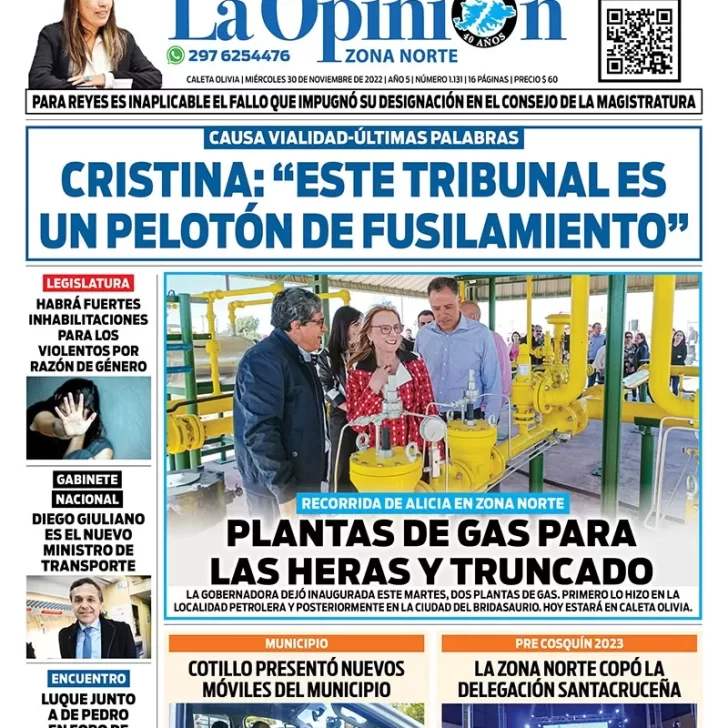 Diario La Opinión Zona Norte tapa edición impresa del miércoles 30 de noviembre de 2022 Caleta Olivia, Santa Cruz, Argentina