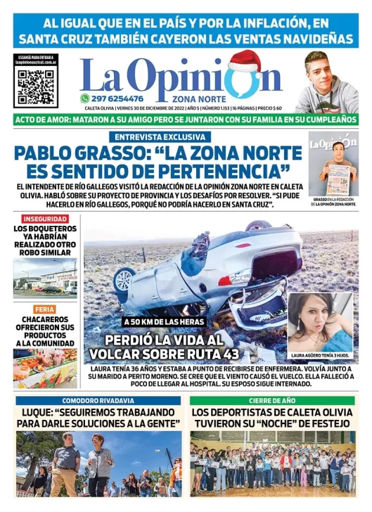 Diario La Opinión Zona Norte tapa edición impresa del viernes 30 de diciembre de 2022 Caleta Olivia, Santa Cruz, Argentina
