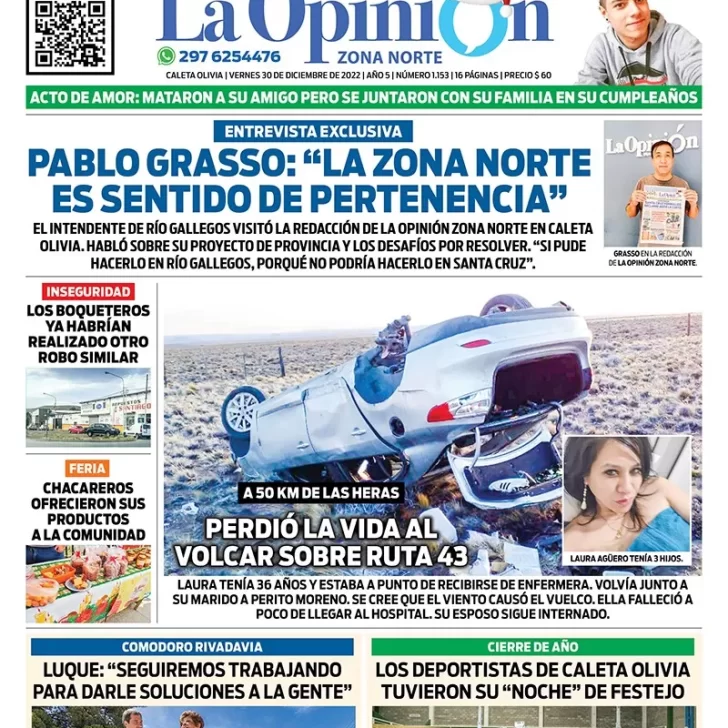 Diario La Opinión Zona Norte tapa edición impresa del viernes 30 de diciembre de 2022 Caleta Olivia, Santa Cruz, Argentina
