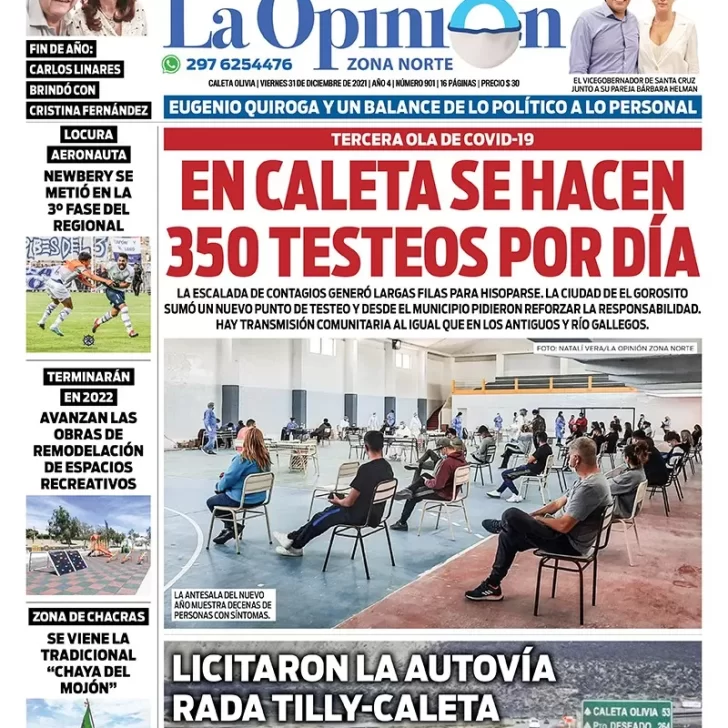 Diario La Opinión Zona Norte tapa edición impresa del 31 de diciembre de 2021, Caleta Olivia, Santa Cruz, Argentina