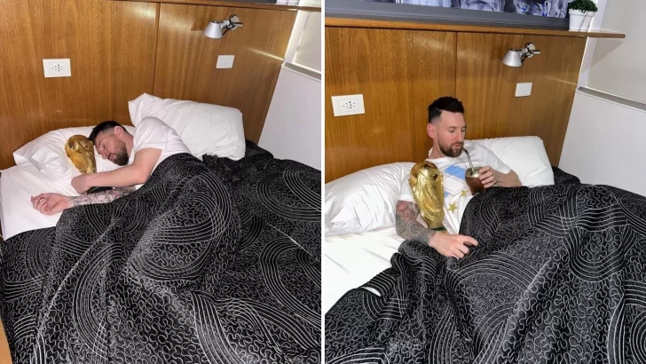 ¡Hermosa mañana! Lionel Messi amaneció abrazado a la Copa del Mundo y tomando mates
