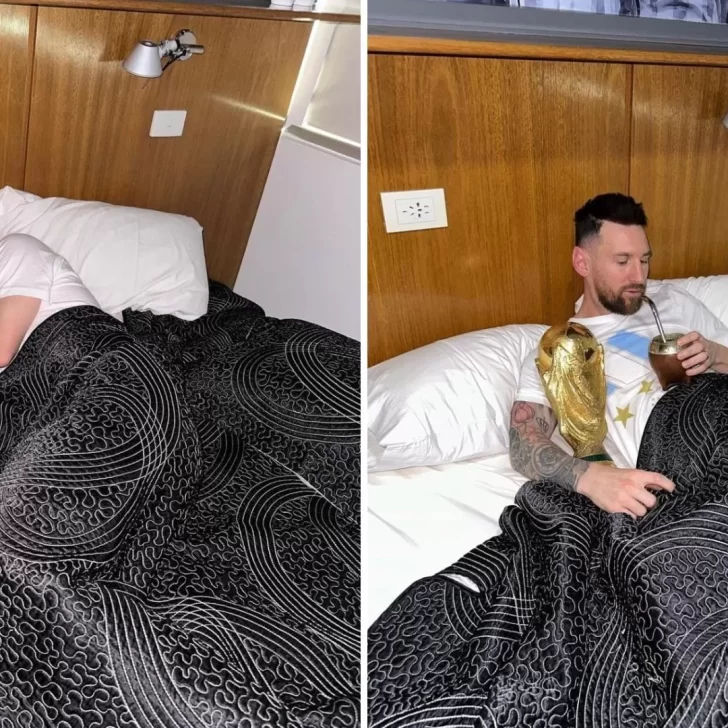 ¡Hermosa mañana! Lionel Messi amaneció abrazado a la Copa del Mundo y tomando mates