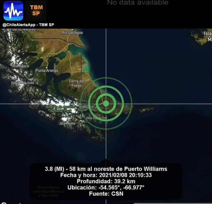 Terremoto leve de magnitud 3.8 en Tolhuin a 90 km de Ushuaia