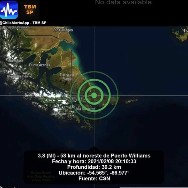 Terremoto leve de magnitud 3.8 en Tolhuin a 90 km de Ushuaia