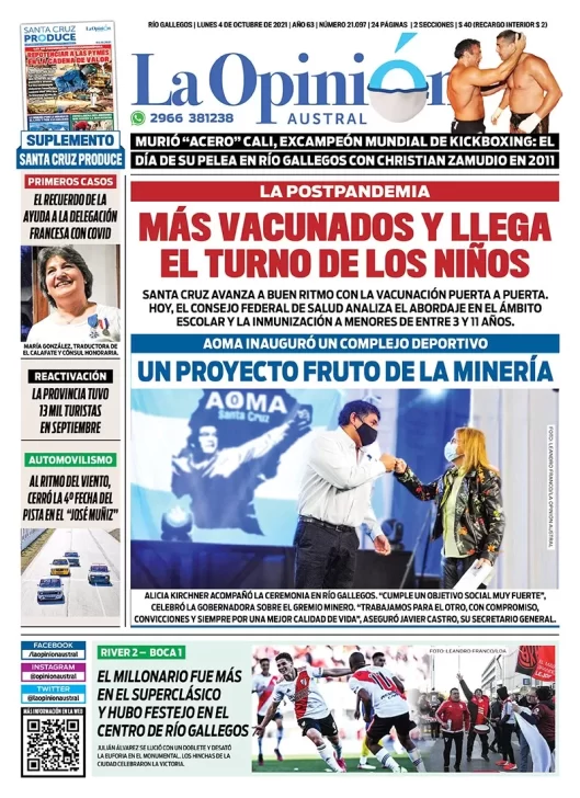 Diario La Opinión Austral tapa edición impresa del 4 de octubre de 2021 Río Gallegos, Santa Cruz, Argentina
