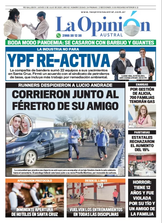 Diario La Opinión Austral edición impresa del 2 de julio de 2020, Santa Cruz, Argentina