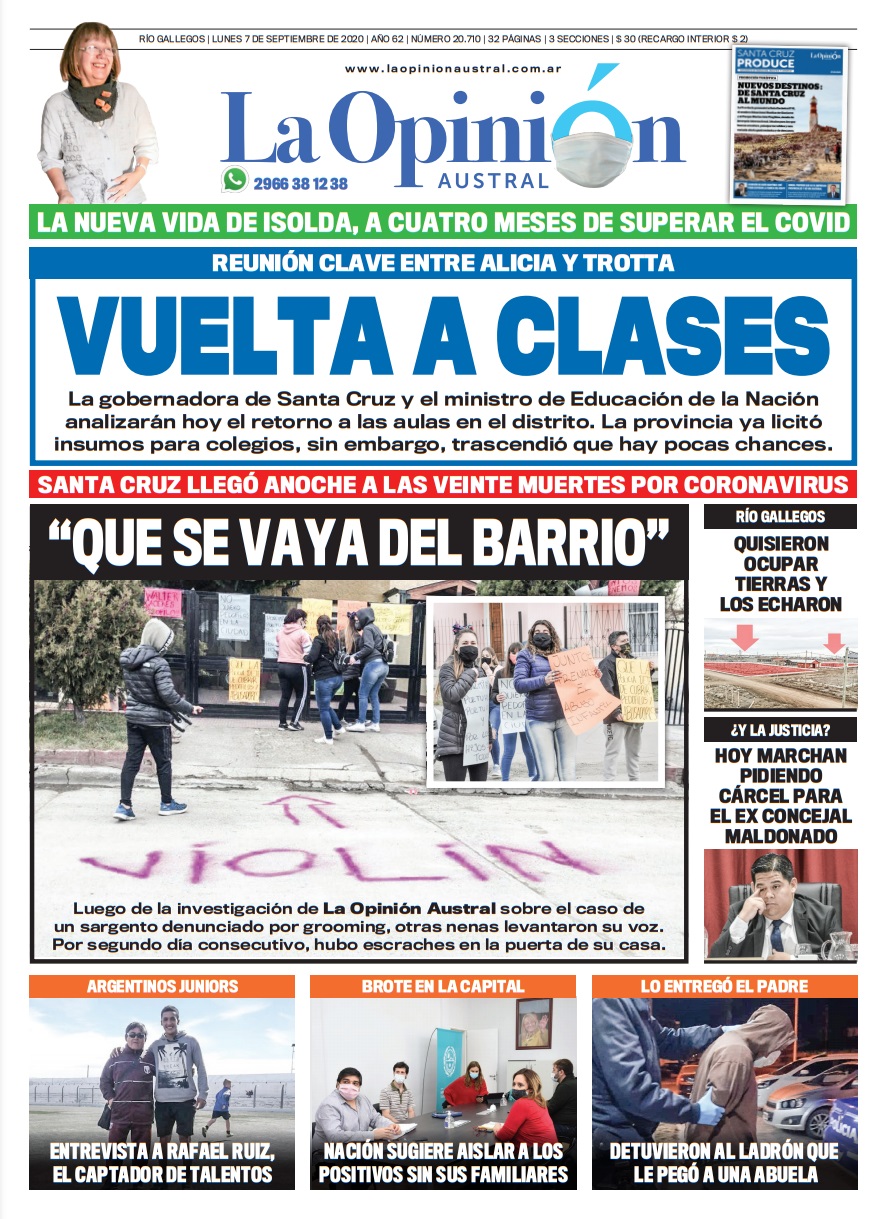 Diario La Opinión Austral tapa edición impresa del 7 de septiembre de 2020, Santa Cruz, Argentina