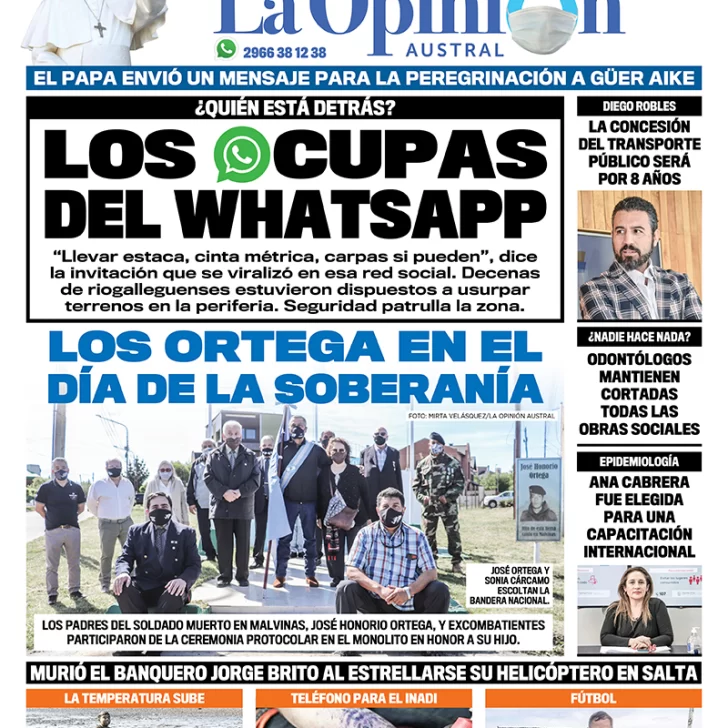 Diario La Opinión Austral tapa edición impresa del 21 de noviembre de 2020, Río Gallegos, Santa Cruz, Argentina